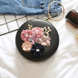 Flower Embroidery Handmade Beaded Chain Oblate Shape Women Cosmetic Handbag Round Rhinestone Clutch Bag Lady Evening Bag