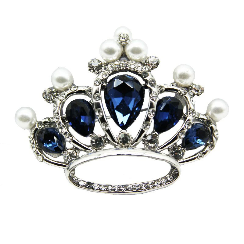 YK Fashion Korean Brooch Rhinestone Blue Zircon Pearl Crown Brooch Pin