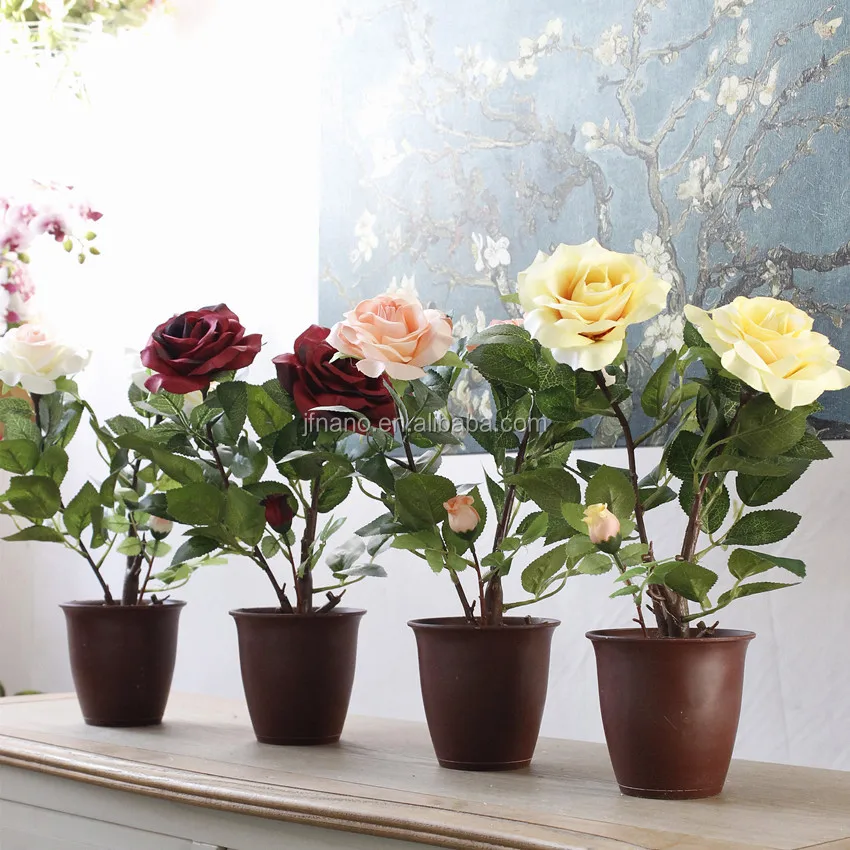 Home Desktop Decor Silk Flowers Suit Artificial Rose Bonsai Rose Potted Plants 24pcs/ctn P0409