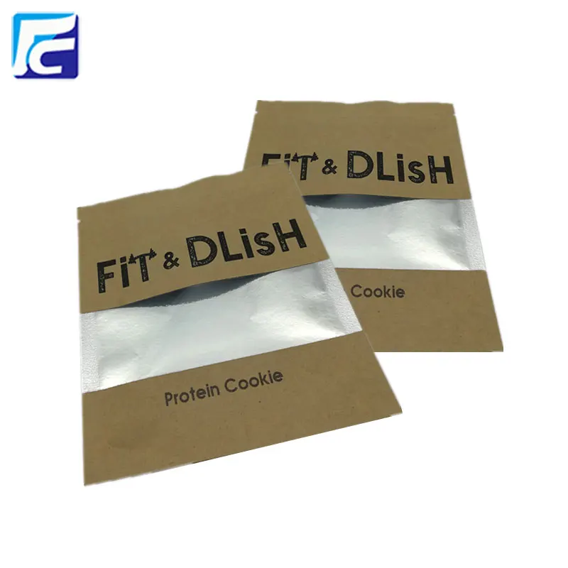 Resealable Kraft Paper Food Grade Three Side Seal Aluminum Foil Cookie Packaging Bags with Clear Window
