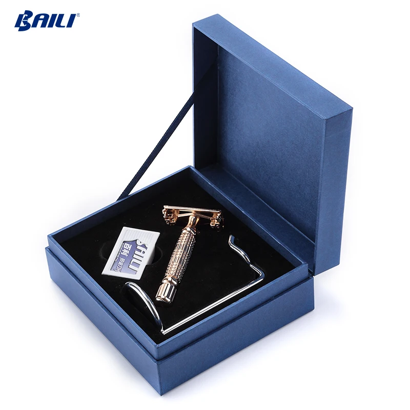 Straight Long handed Metal stainless steel butterfly open cut throats razor double edged blade razor safety shaving travel set