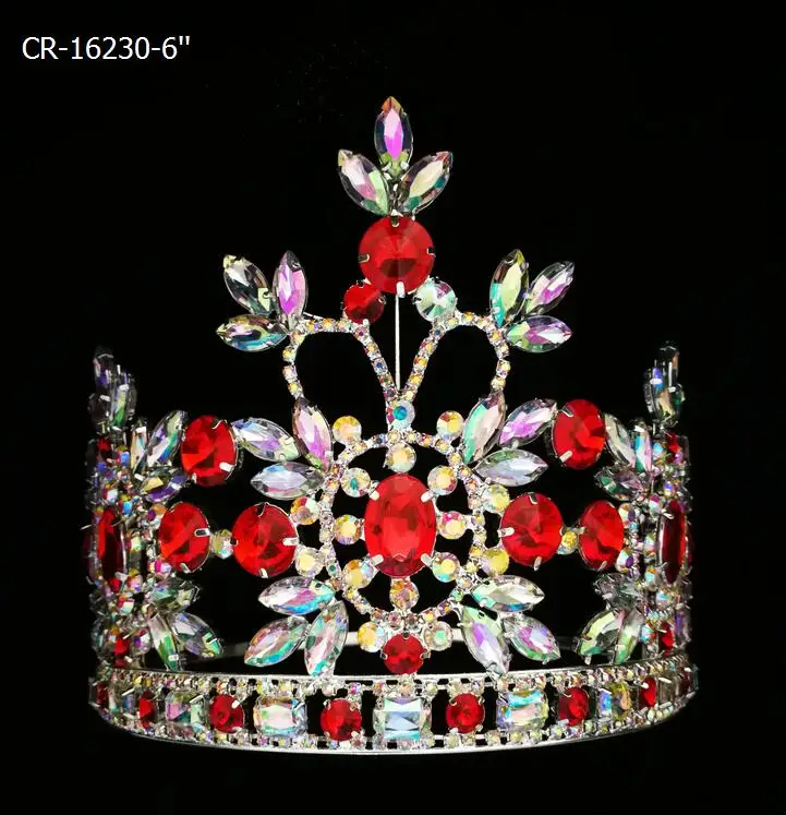 6 Inch Ruby Rhinestone Red Crystal Round Crown Tiara For Queen