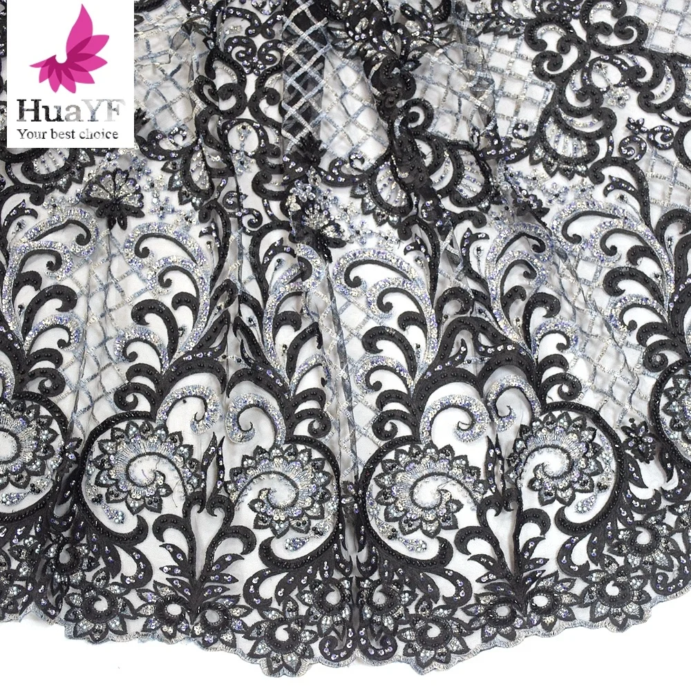 New product 2019 black sequins tulle beaded lace fabric african dresses embroidery designs for women  HY1000-4