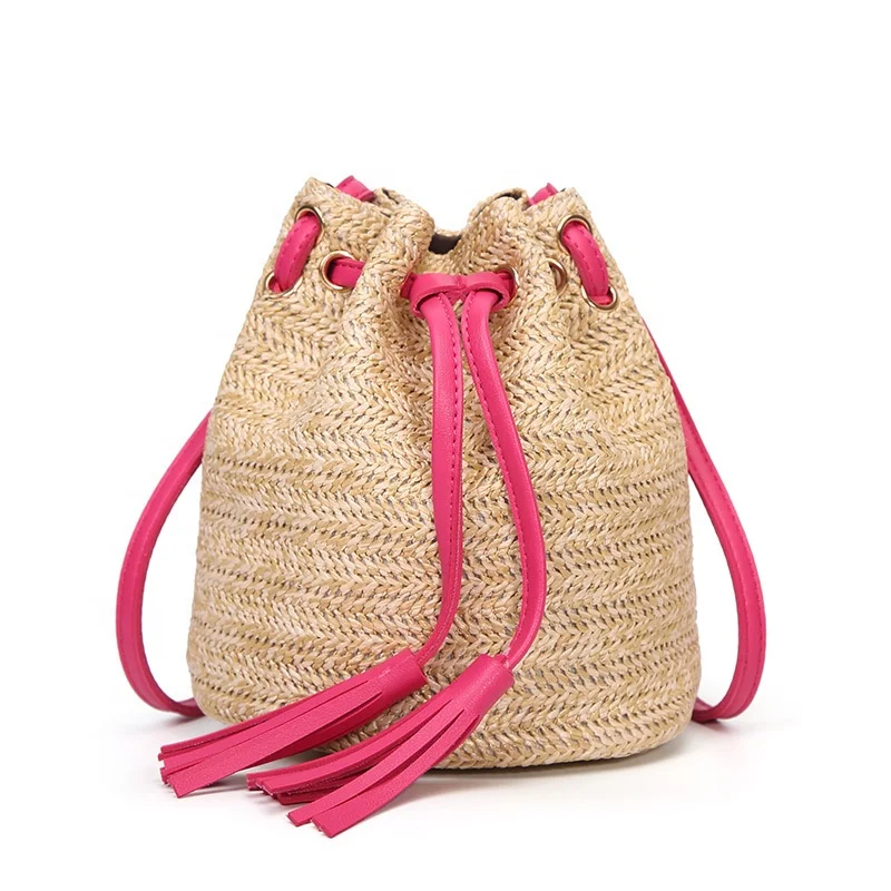 Girls crossbody shoulder bag summer beach bucket bags drawstring straw bag