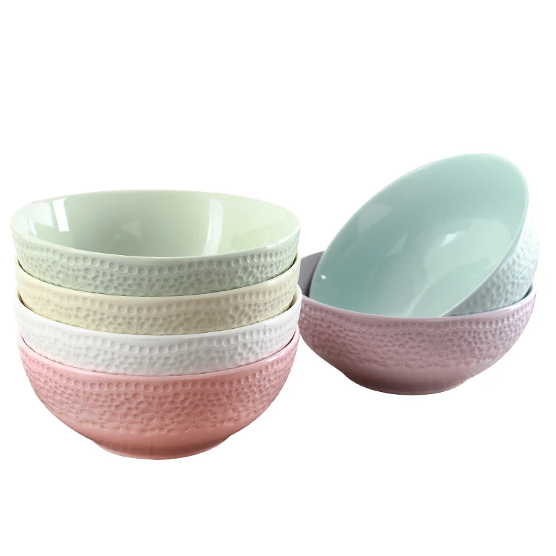 WKTB180 plain colored clay chaozhou wedding porcelain ceramic embossed soup noodle rice cereal bowl