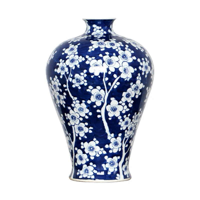 Оптовая продажа сине-белая фарфоровая ваза Jingdezhen с ручной росписью из сливы для отеля домашнее настольное украшение антикварная готовая керамическая банка