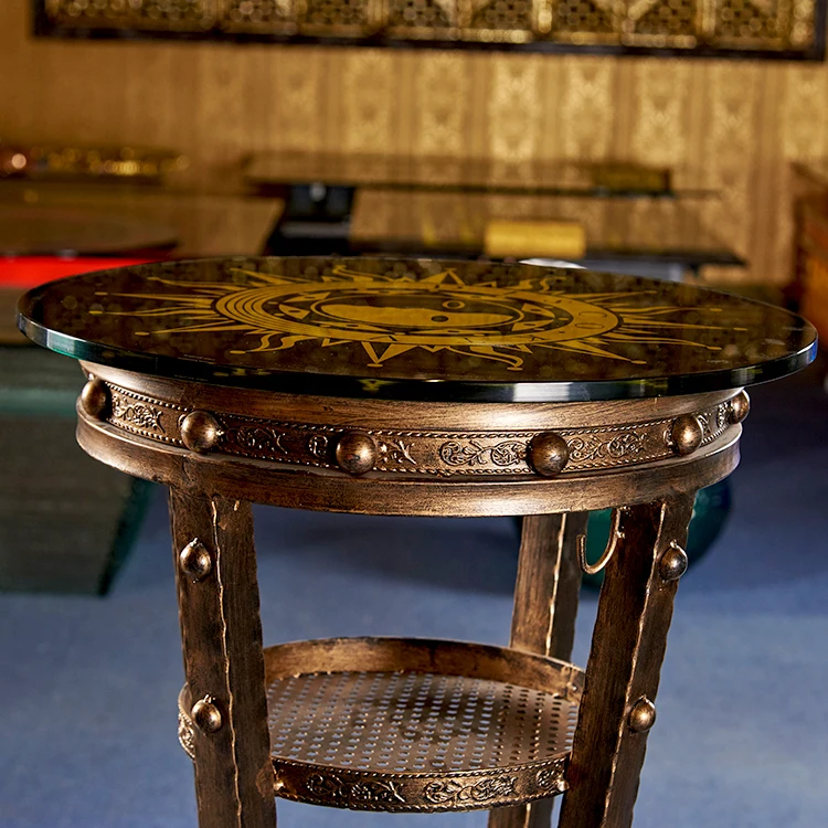 
antique brass Custom pattern table top metal bar table legs night club KTV bar cocktail tablePub Vintage Golden Metal Round Bar 