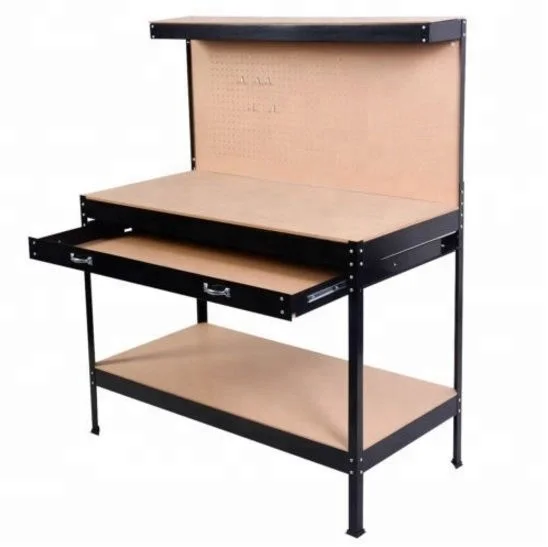 black work bench tool storage steel frame workshop table drawer and peg board