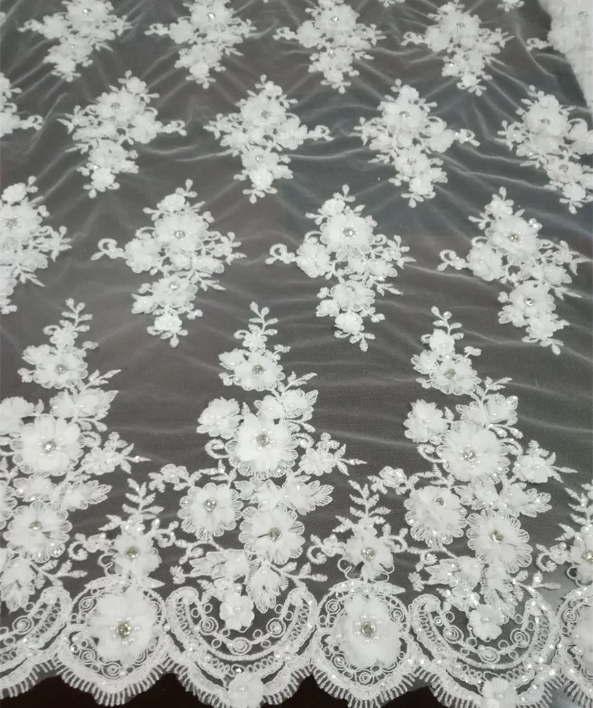 best selling bridal 3d lace flower applique sequin embroidery cord lace fabric with pearls stones for wedding dress