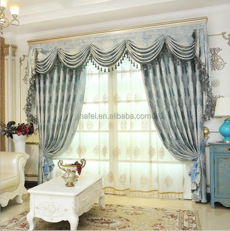 luxurious gold jacquard linen curtains with valance from china
