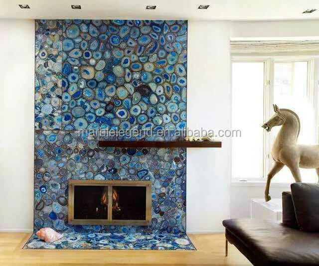 Luxury interior design blue agate crystal slab natural backlit blue agate wall for villa