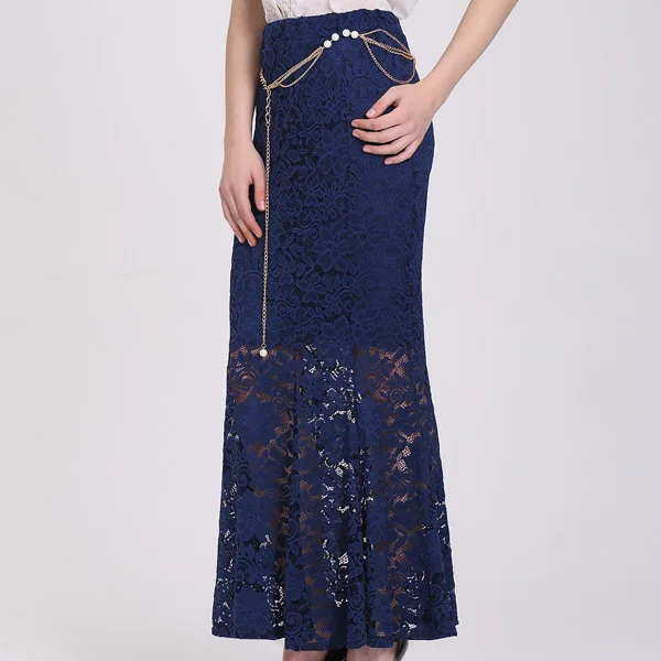 Women Elegant Tulle Long Pleated Women Floral Embroidery Tutu Women Navy Blue Lace Mesh Long Mermaid Skirt
