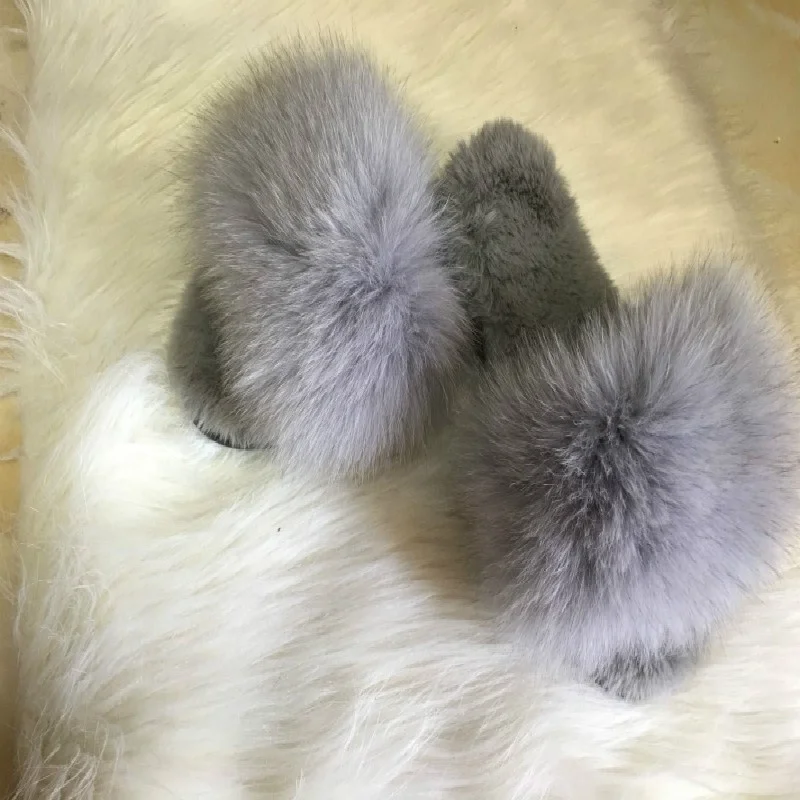 Sandals custom slides rabbit fur sole ,fox fur slippers big real fox fur slide sandals for women