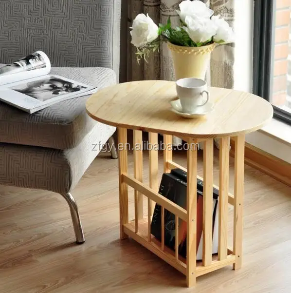 Folding wooden modern side coffee table with magazine rack