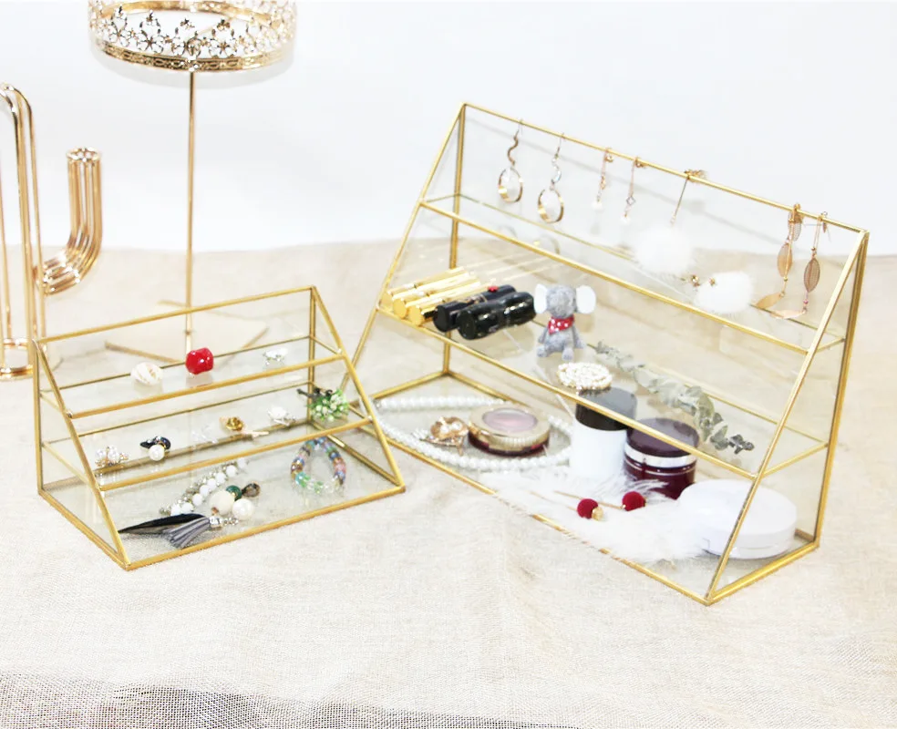European Gold Glass Trapezoid Metal Jewelry Rack Home Decoration
