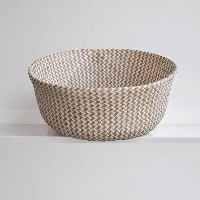 QJMAX Natural Woven Seagrass Tote Belly Basket For Storage Laundry Picnic