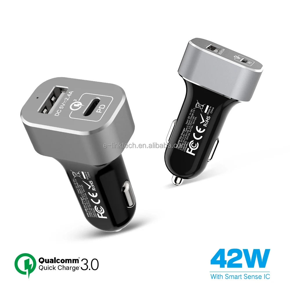 
USB-C PD Car Charger with 30W Power Delivery & 12W USB Dual Port 42W Output for New Macbook iPhone X/8/7 iPad Pro Air Mini 