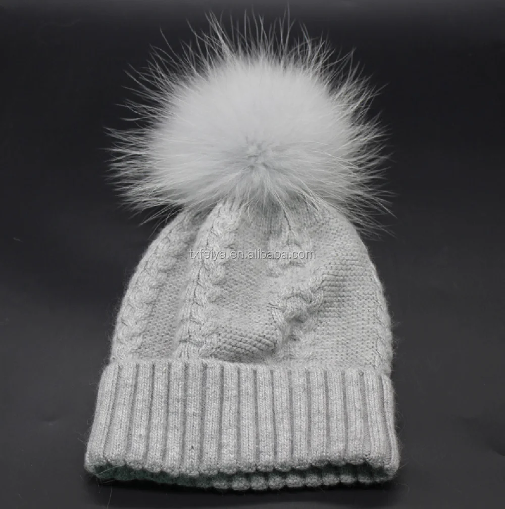 Classic style wholesale unisex wool knit beanie hat with raccoon fur pom poms