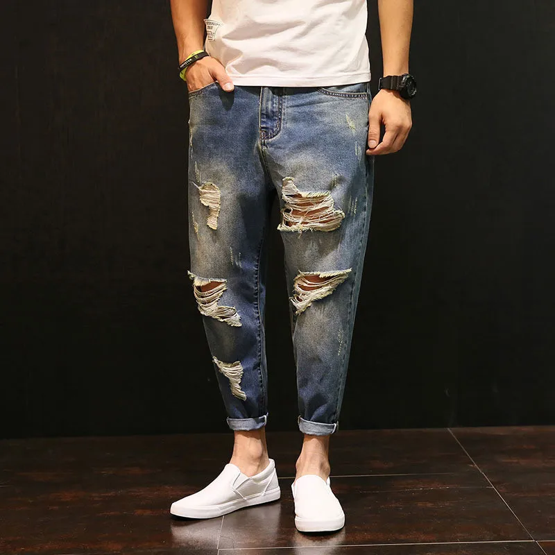 Summer ripped jeans men loose size torn nine cent pants south Korean version of the trend harem pants