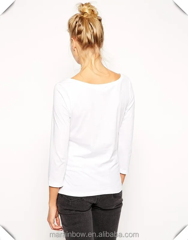 Good Quality White Plain 100% Cotton Womens Boat Neck Long Sleeve Top T Shirt