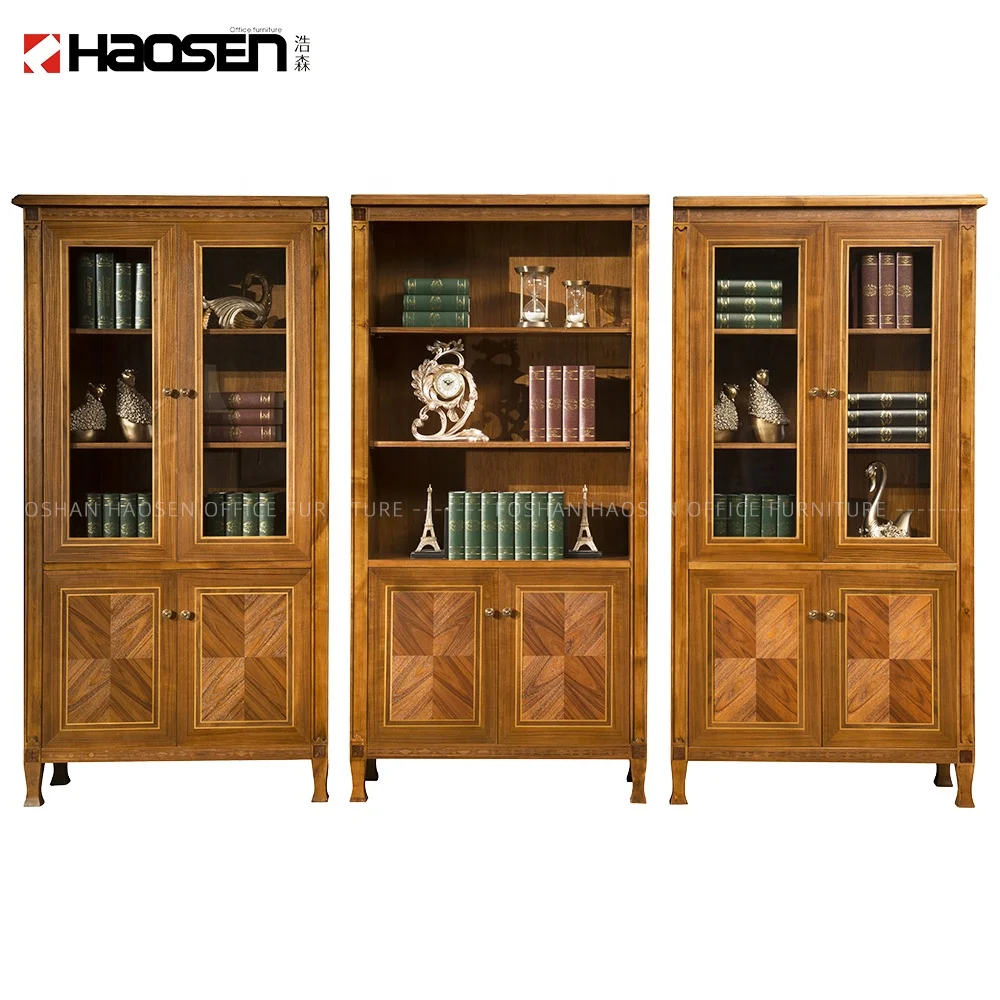 High end Study room office 0820A Two doors glass door bookcase storage wood cabinet