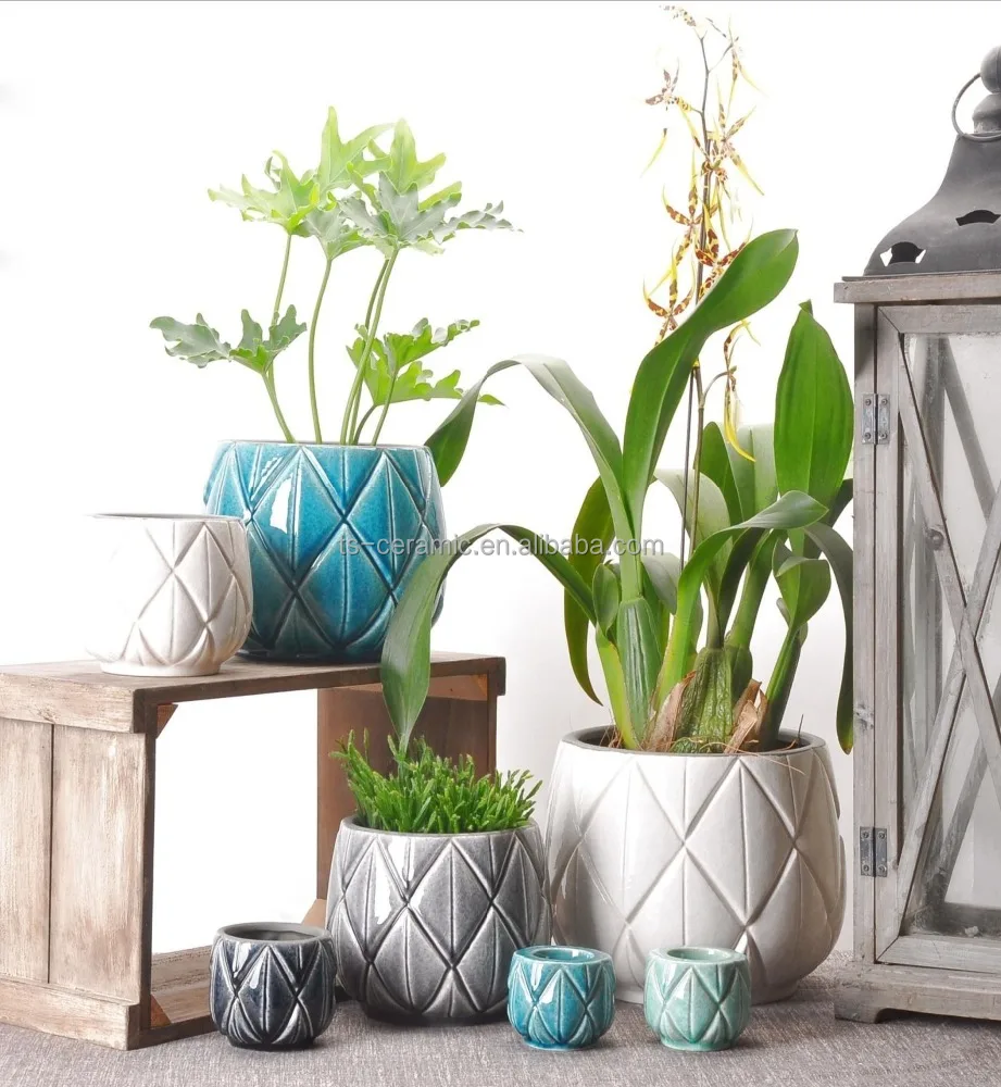 Modern style decoration indoor outdoor hand made gridding small bonsai ceramic pot