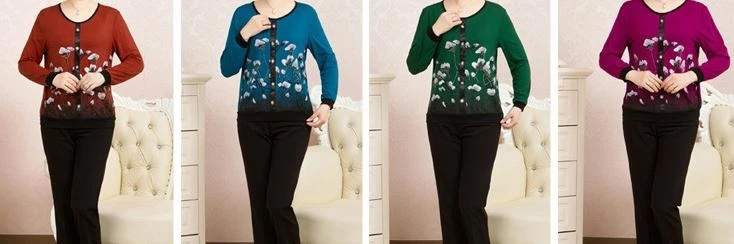 China factory formal round neck women long tops elegant loose long sleeve printing middle aged ladies western knitwear blouses