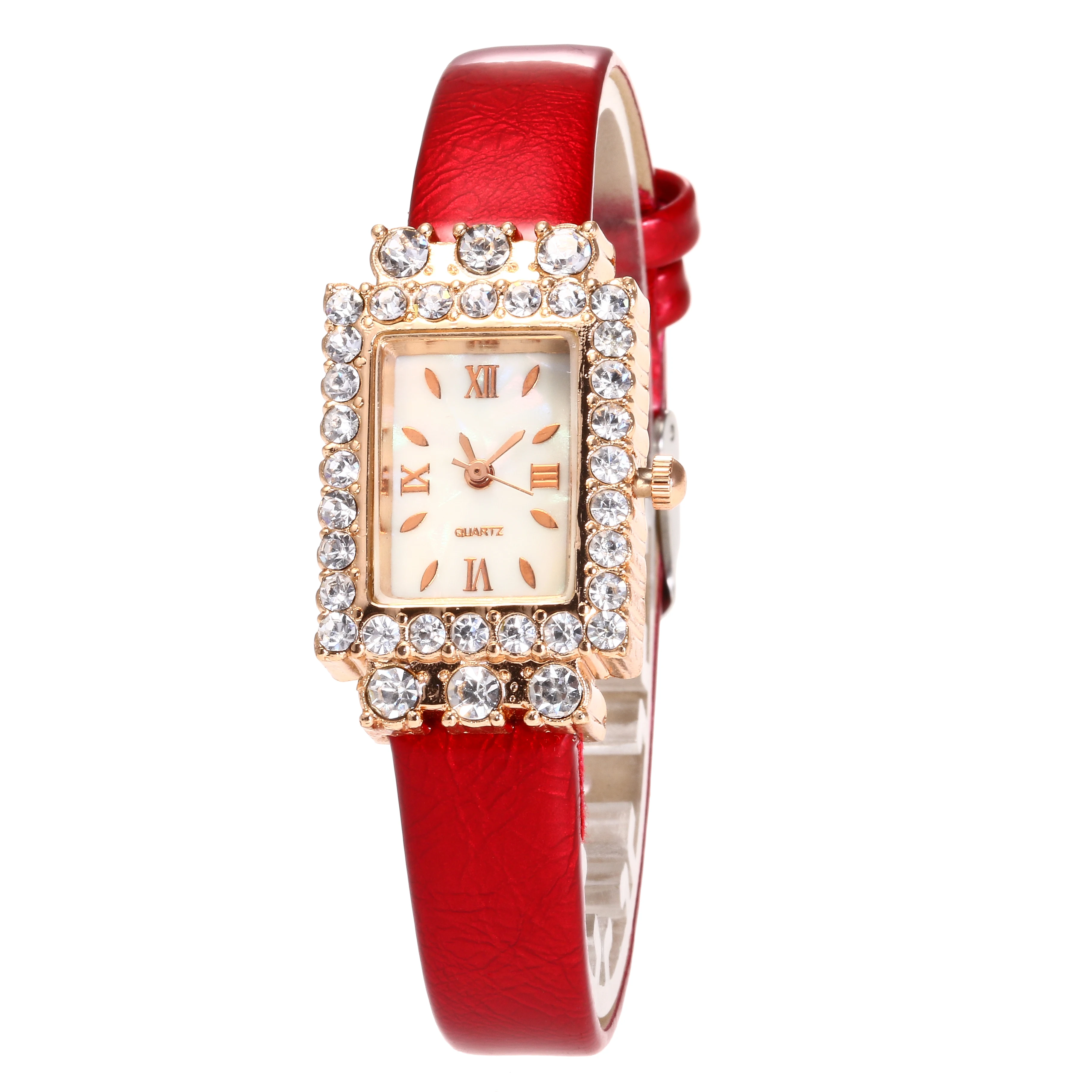 Low Prices Women Leather Strap Square Dial Diamond Quartz Wrist Slim Stone Lady Watch JSW-0967