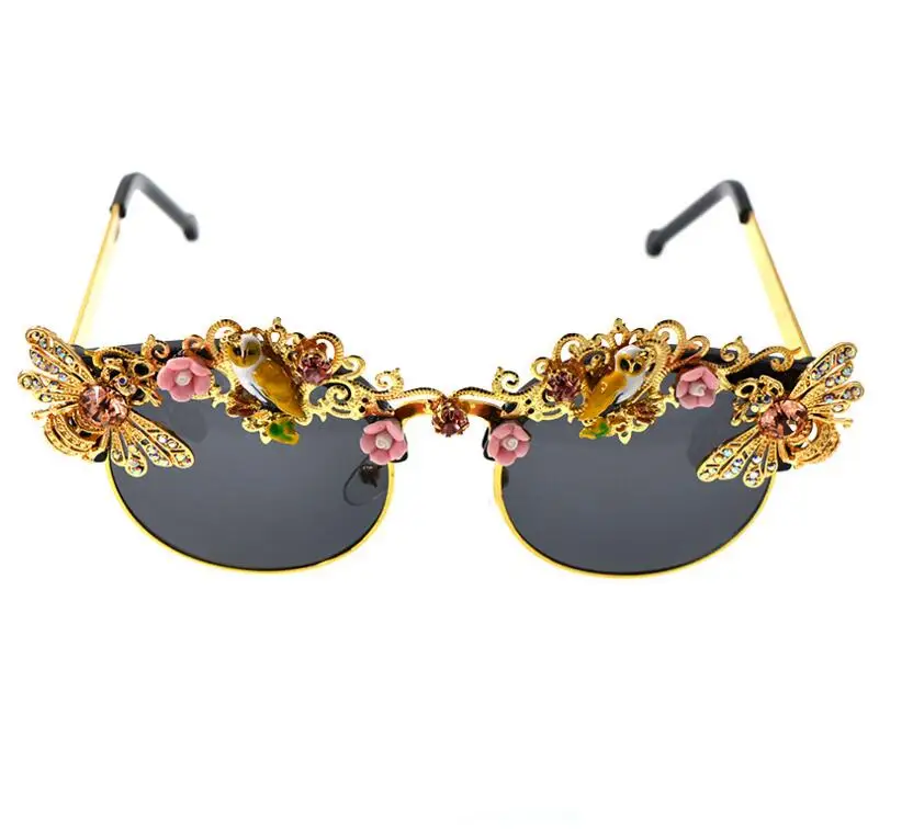 Handmade Luxury Baroque Rhinestone Flower Bee Sunglasses for Women Brand Female Sun Glasses Oculos Crystal Eyewear