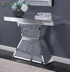 Modern home furniture diamond crush wood silver mirrored glass console table luxury