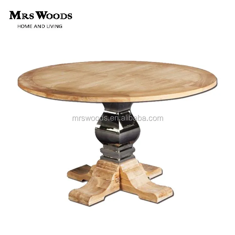MRS WOODS Solid Oak Wood Top And Base With Stainless Steel Round Large Dining Table