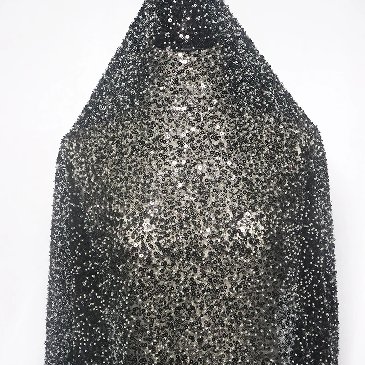 X100 Luxury Black Beaded Sequin Latest Heavy Beaded Embroidery Lace Fabric For Wedding Gown