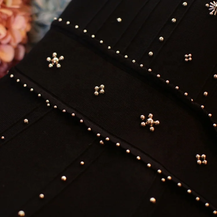 Custom Elegant Lady Sleeveless Beading Bandage O-neck Solid Color Sexy Club Mini Black Dress Women Evening Party Dress