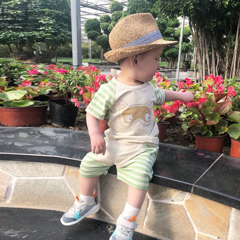 
Neonatal striped short sleeve T-shirt 100% cotton baby jacket with shoulder-opening round collar baby clothing 