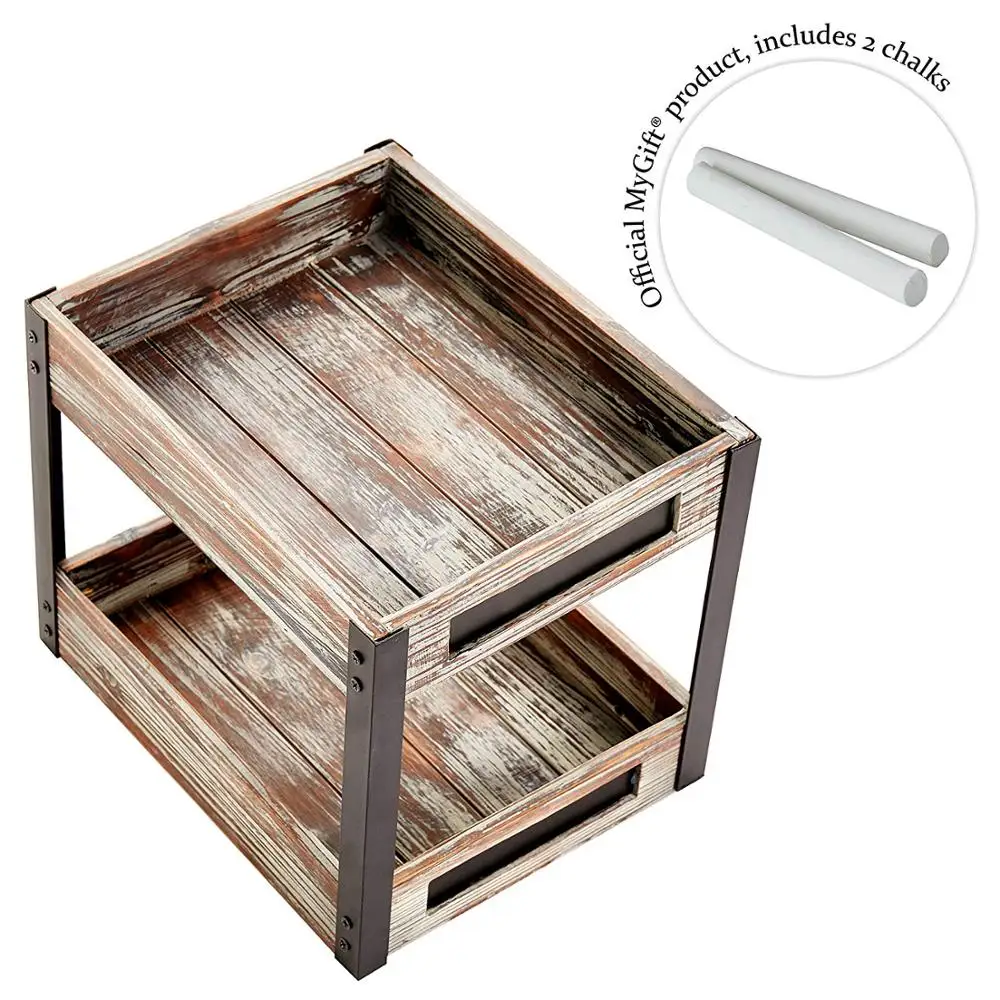 
2 Tier Torched Wood Desktop Document Tray Paper File Holder with Chalkboard Labels decorative trays for coffee table 