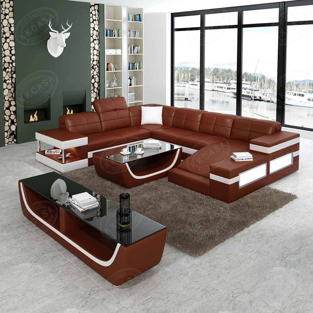 Modern Italian Living Room High Quality Color Sectional U Shaped Genuine Leather Sofa Made In China