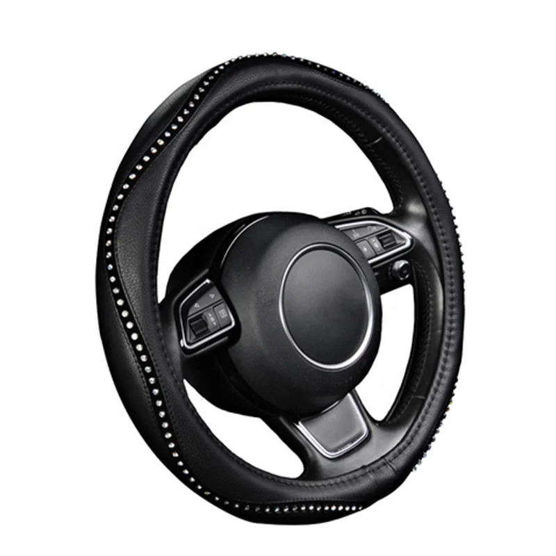 
Fashion Steering Wheel Cover Black Lychee Pattern with Luxury Crystal Rhinestone M size Fits 38cm/15