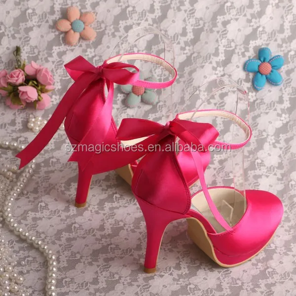Custom Ribbon Tied Wrap Wedding Shoes Hot Pink