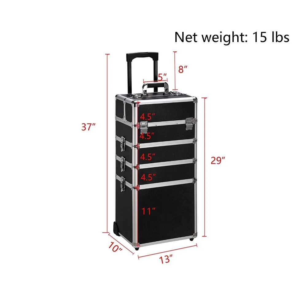aluminum hard jewelry box hair stylist train case rolling cosmetic trolley