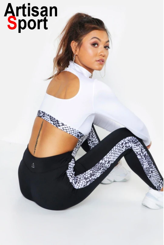 Oem Stylish Snake Print High Neck Gym Sexy Crop White Top With Pad inside Fitness Bra Yoga Sport Gym Leggings