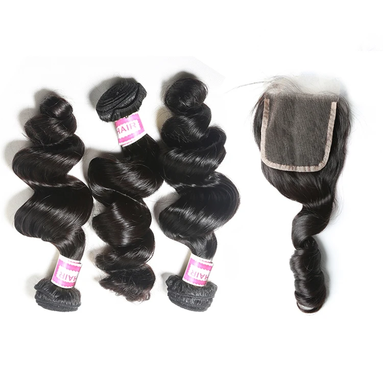 Free Shipping Brazilian Loose Wave Bundles With Closure 100% Remy Hair 3 Bundles With 4*4 Lace Closure Middle and Free Part