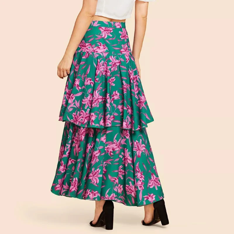 Tiered Layer Floral Print Asymmetrical Satin Maxi Skirt Women High Low Hem Dancing Party Skirt