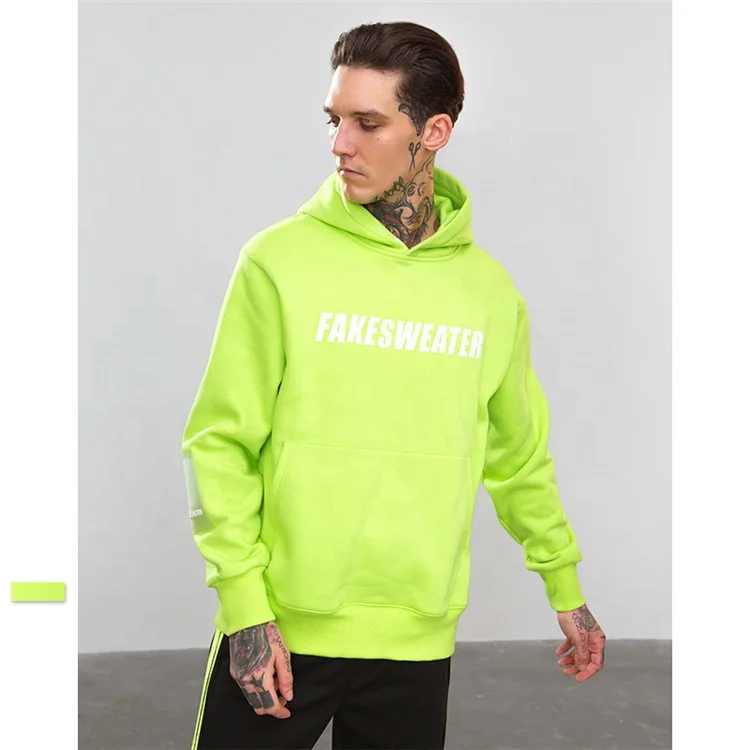 Fashion custom reflective/printing glow in the night neon color 100% cotton fleece terry style pullover hoodies/ hoody OEM
