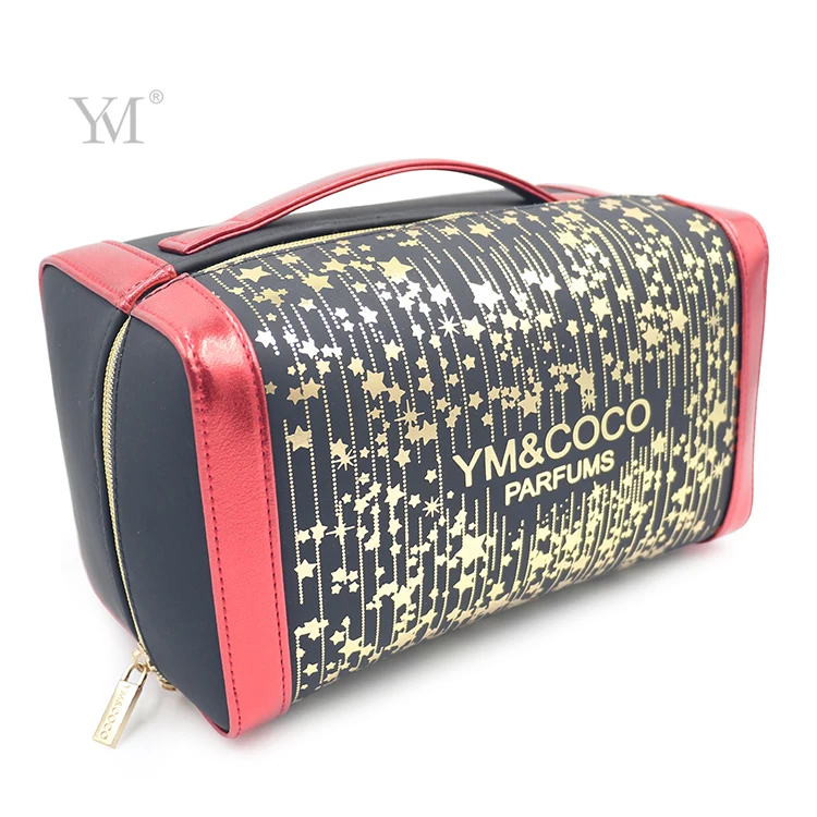 novation portable handle large capacity square pouch pvc leather bronzing gold makeup bag with mirror