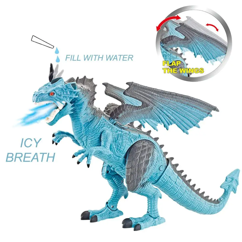 Remote Control Walking Dinosaur Toy with Breathing Smoke, Shaking Head, Light Up Eyes, and Sounds - Ice Dragon