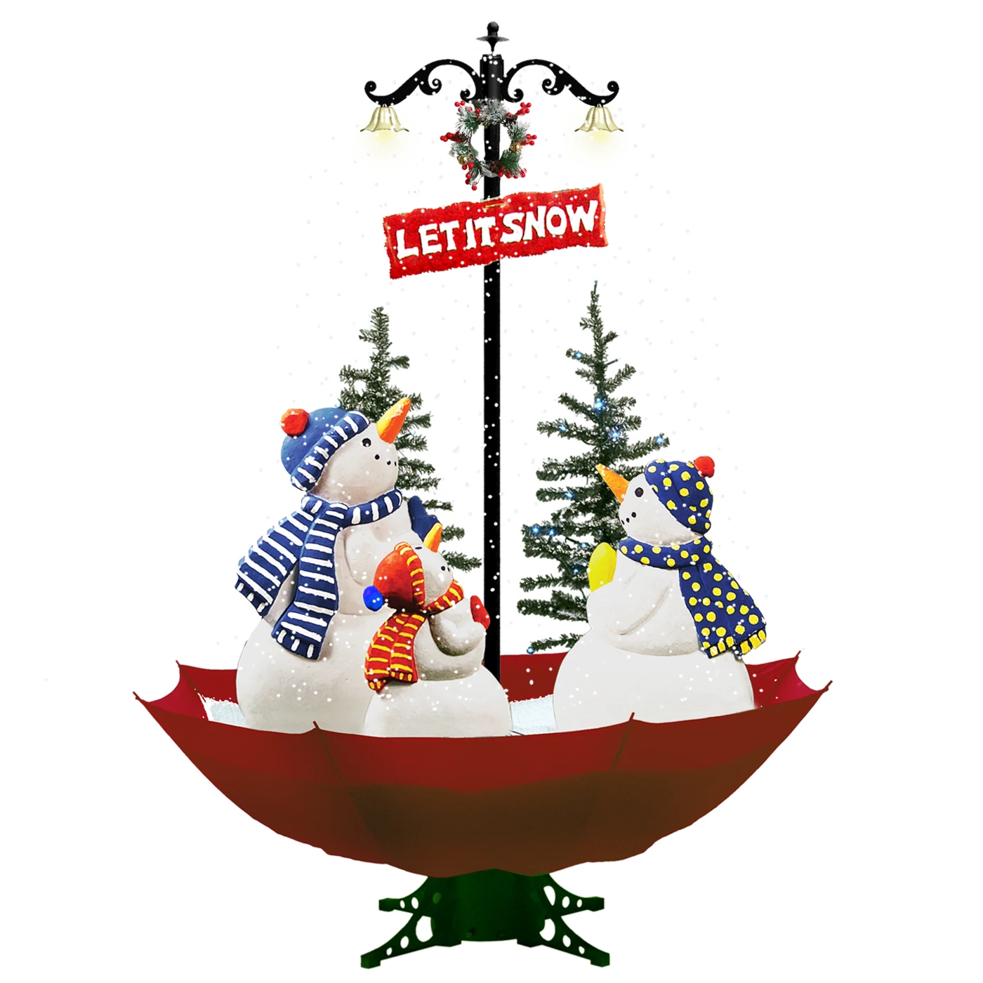 European market buy Christmas musical decorations falling blowing snow Christmas tree with umbrella and penguins