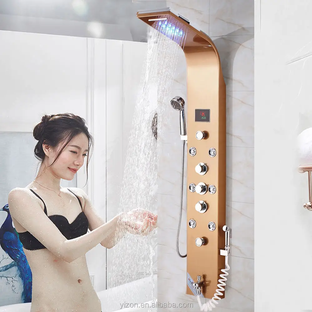 Золотистый корпус из нержавеющей стали, водопад, дождевая душевая панель, массажные струи, ручной распылитель, кран для ванны