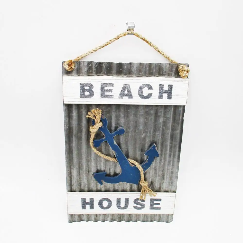 High Quality Nautical Rustic Drop in Anchor Metal Wall Hanging Decoration with Burlap Strings and Beach House Sign
