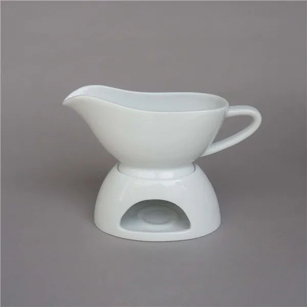 Hotel wholesale personalized heated white ceramic gravy boat for seasoning with stand