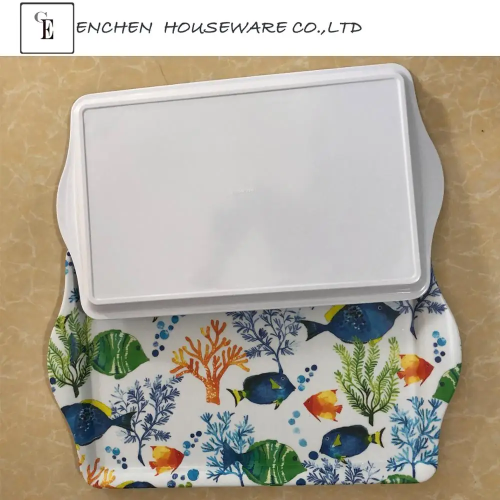 Wholesale cheap price custom printed design hotel restaurant buffet rectangle 100% melamine rolling food serving trays